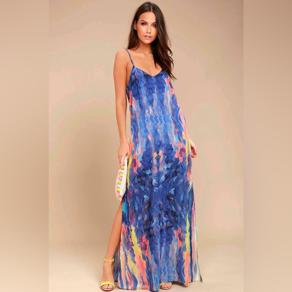 LULUS Flying Watercolors Royal Blue Print Maxi Dress